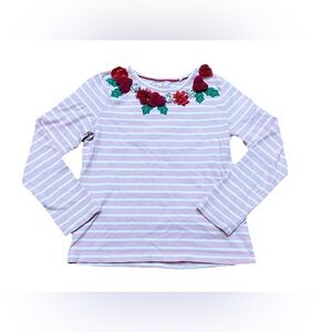 Mini Boden Long Sleeve Appliqué Collar Tee Pink/White Striped Girls 8-9Y